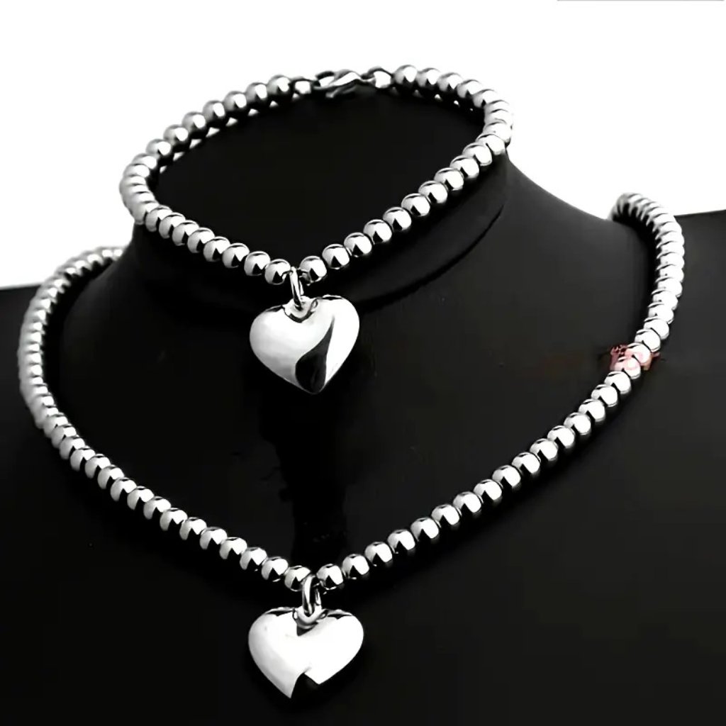 2pc/Set Ladies Heart-Shaped Pendant Necklace & Bracelet